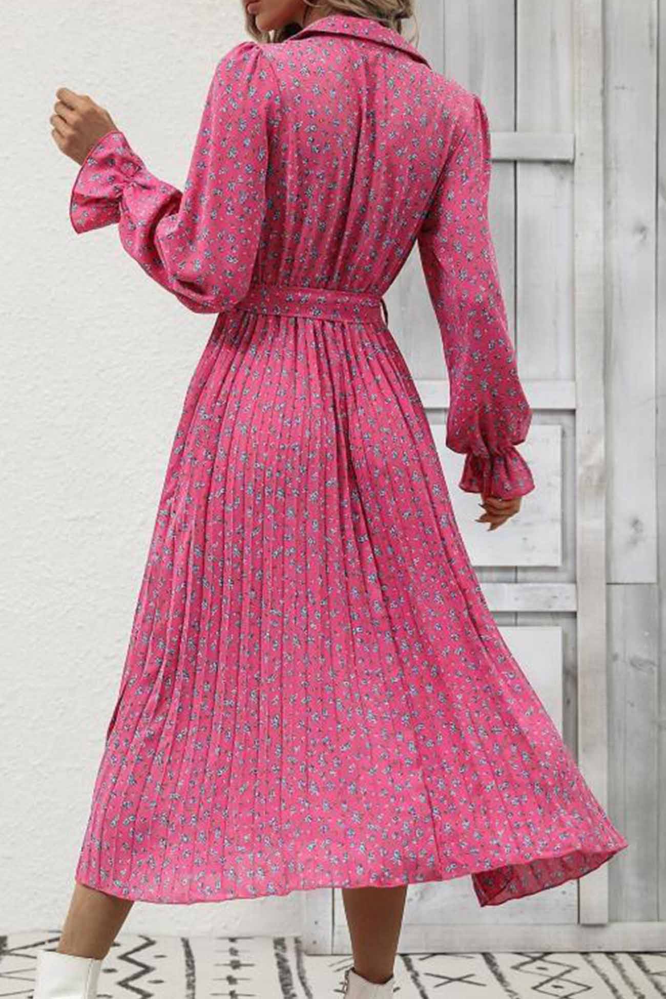 TastyHottie - Floral Tie Wasit Long Sleeve Pleated Midi Dress