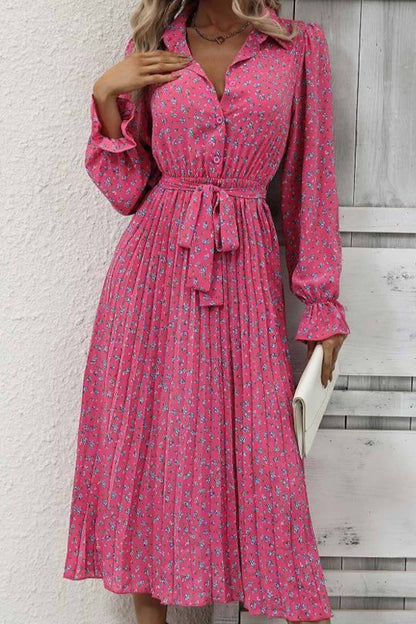 TastyHottie - Floral Tie Wasit Long Sleeve Pleated Midi Dress