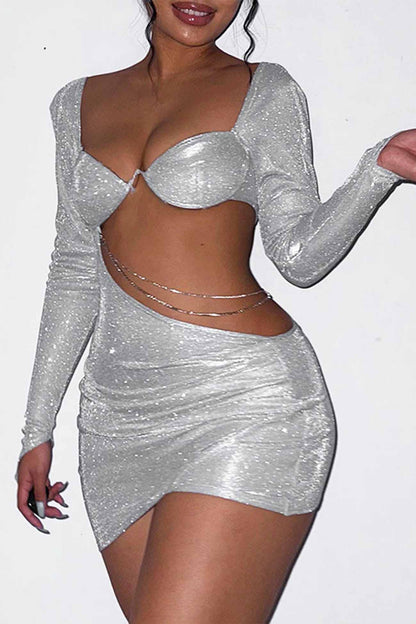 TastyHottie - Hollow Glitter Chain Long Sleeve Ruched Mini Dress