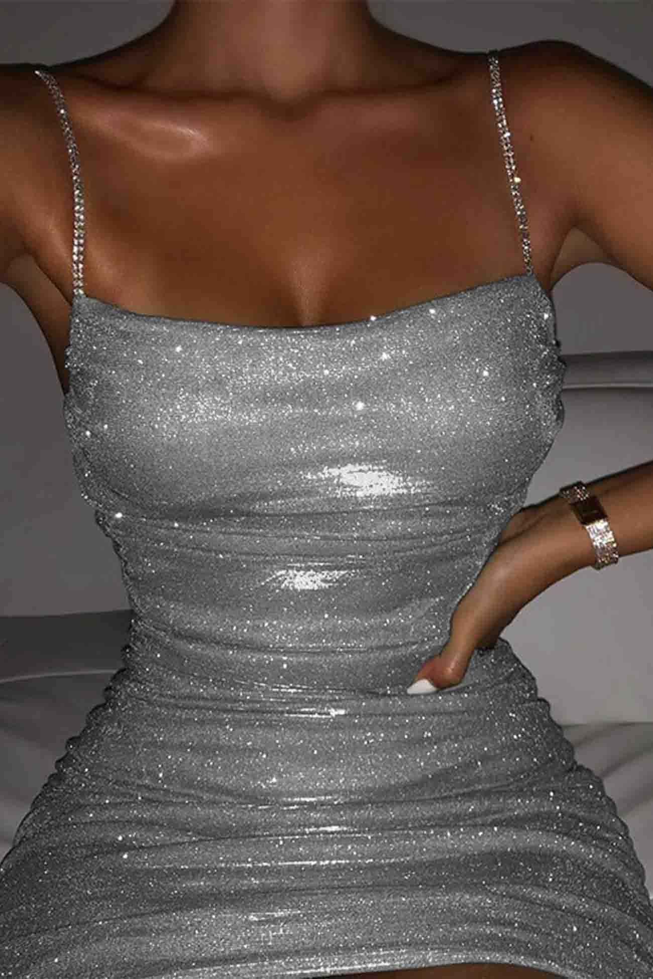 TastyHottie - Rhinestone Ruched Chain Cami Dress