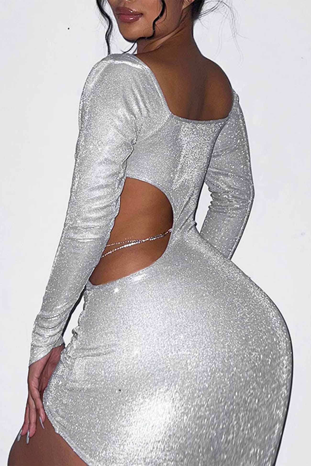 TastyHottie - Hollow Glitter Chain Long Sleeve Ruched Mini Dress