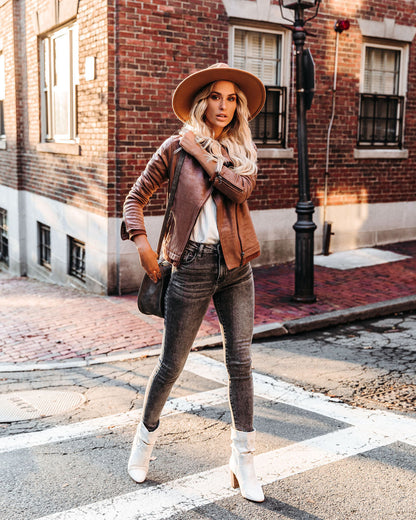 TastyHottie - Slick Chick Coated Faux Leather Moto Jacket - Taupe