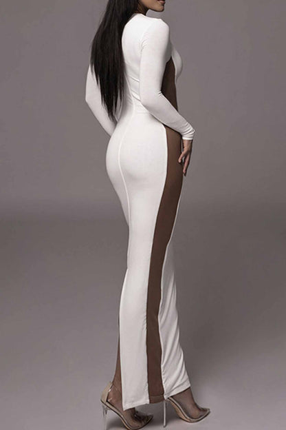 TastyHottie - Contrast Crew Neck Long Sleeve Slit Midi Dress