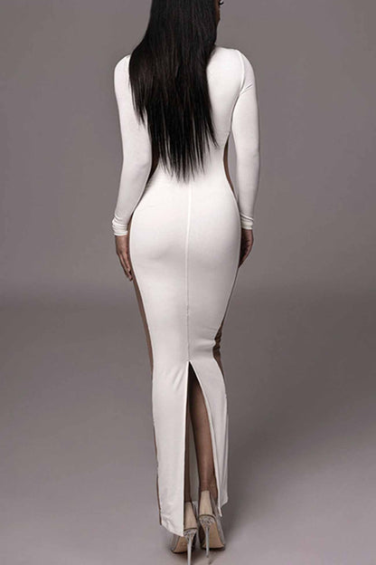 TastyHottie - Contrast Crew Neck Long Sleeve Slit Midi Dress