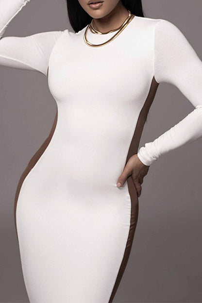 TastyHottie - Contrast Crew Neck Long Sleeve Slit Midi Dress