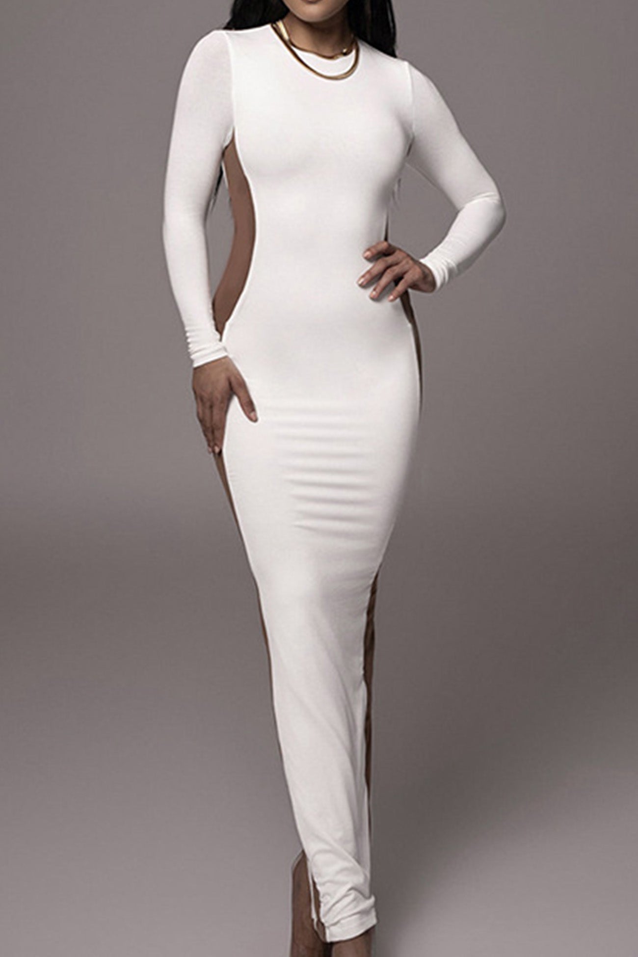 TastyHottie - Contrast Crew Neck Long Sleeve Slit Midi Dress