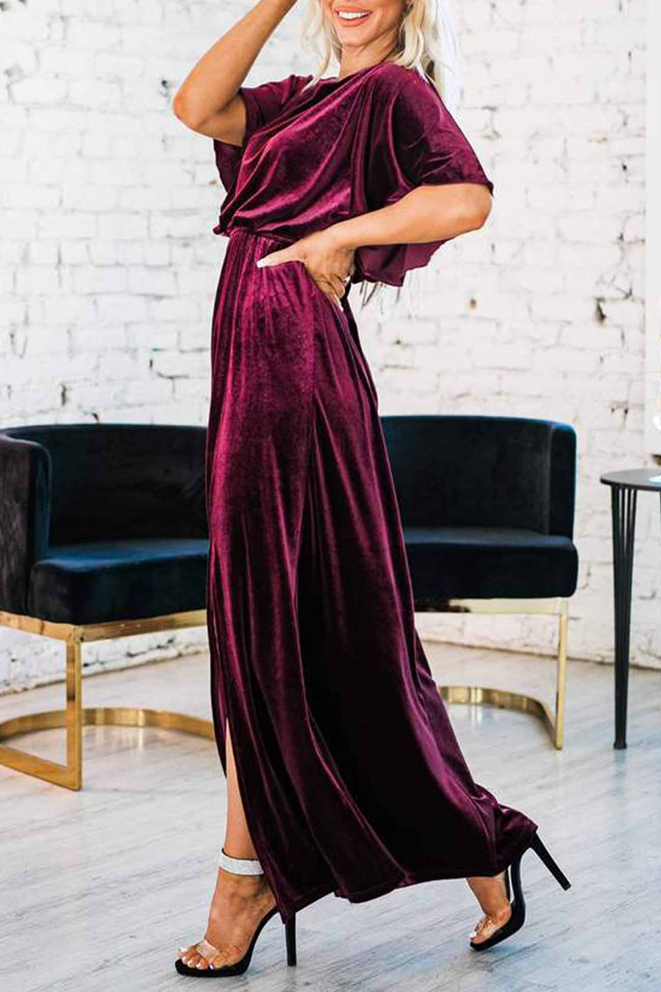 TastyHottie - Velvet Crew Neck High Slit Midi Dress