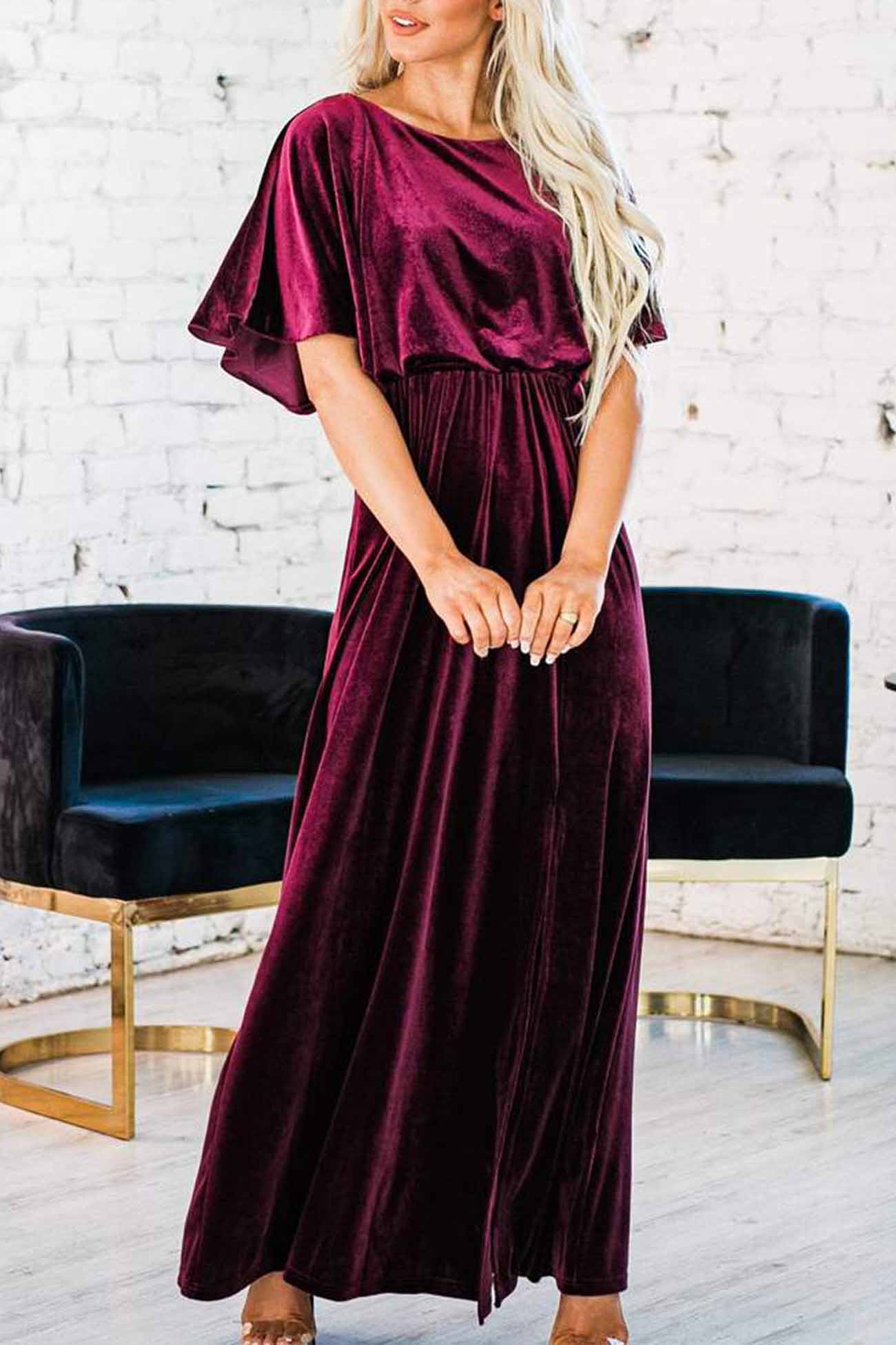 TastyHottie - Velvet Crew Neck High Slit Midi Dress