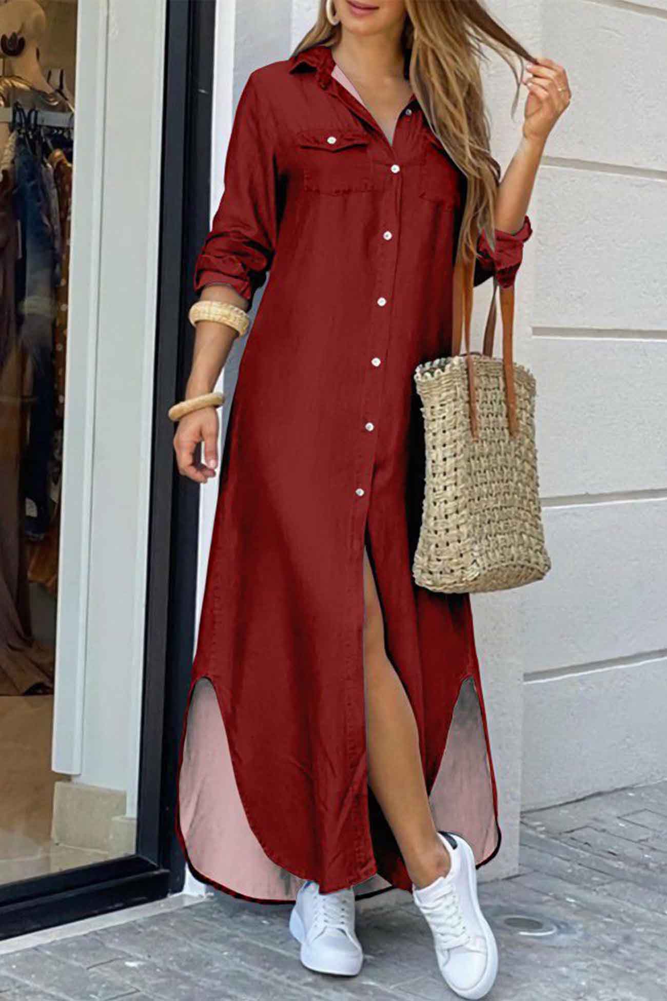 TastyHottie - Long Sleeve Button Up Pocket Shirt Dress