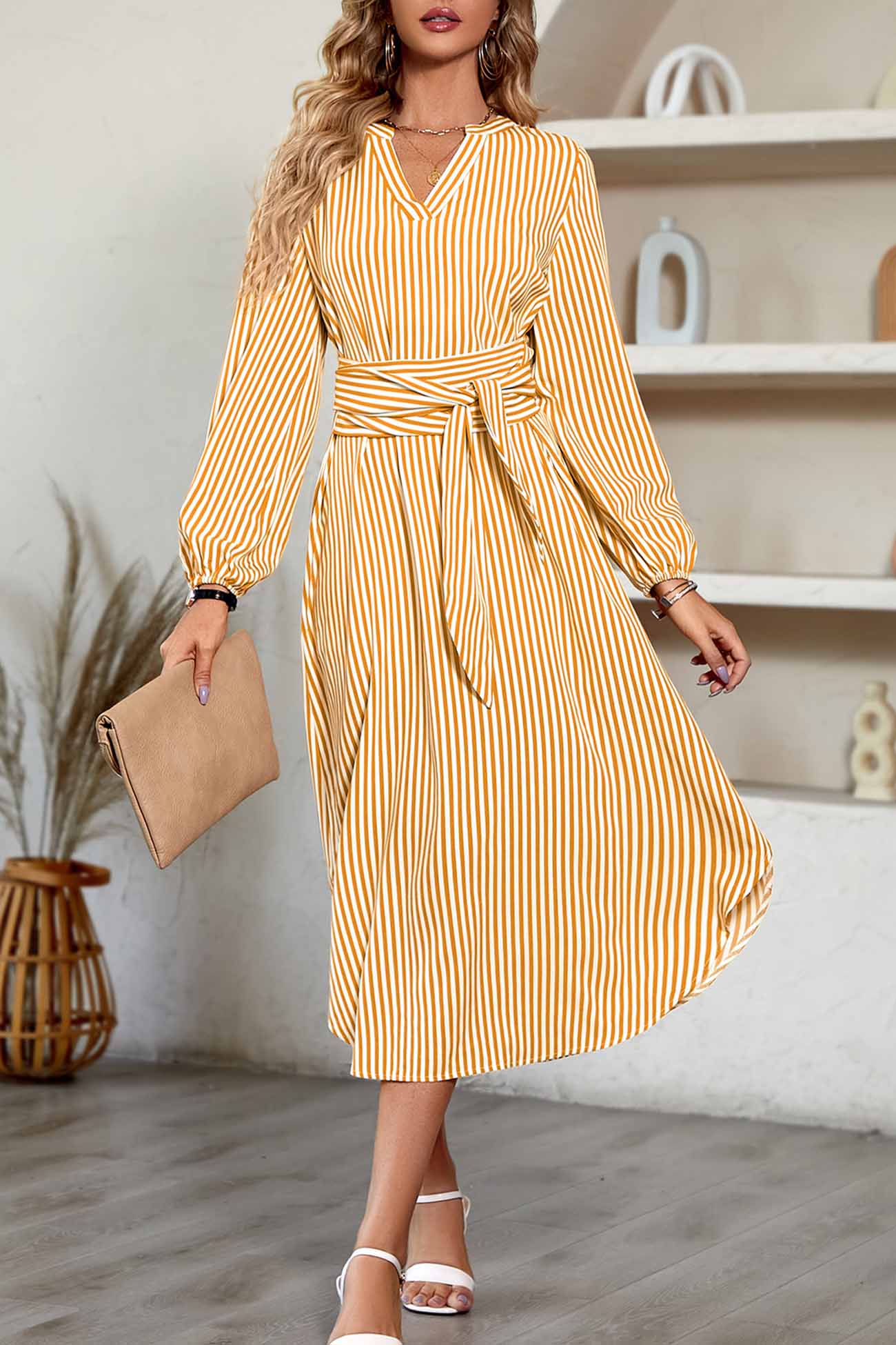 TastyHottie - V Neck Striped Tie Waist Long Sleeve Midi Dress