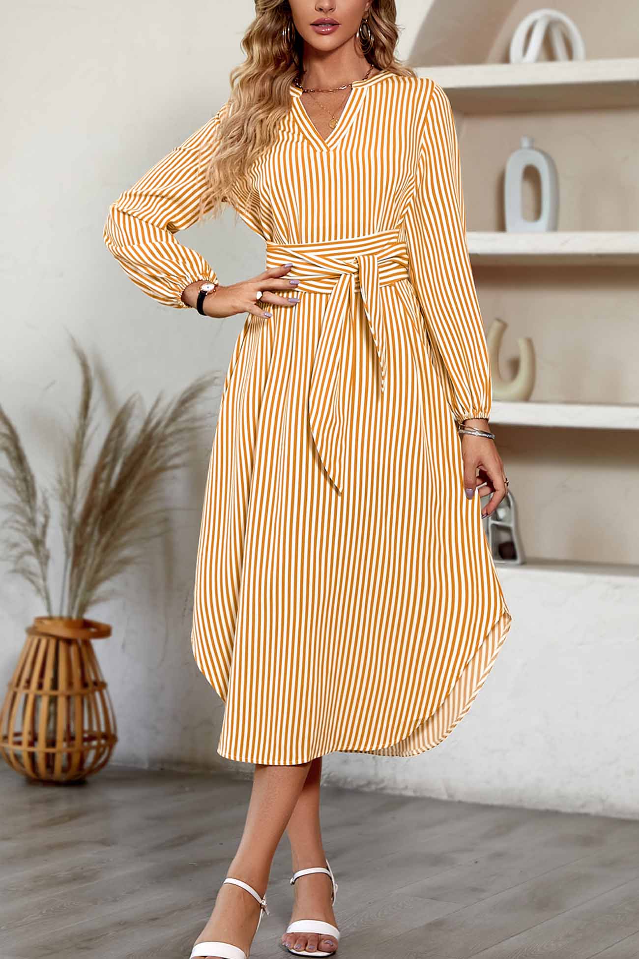 TastyHottie - V Neck Striped Tie Waist Long Sleeve Midi Dress