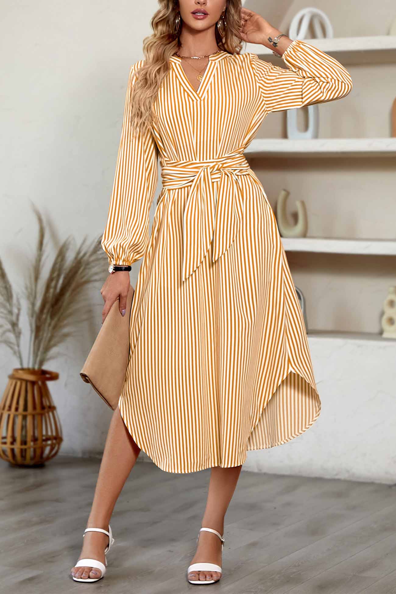 TastyHottie - V Neck Striped Tie Waist Long Sleeve Midi Dress