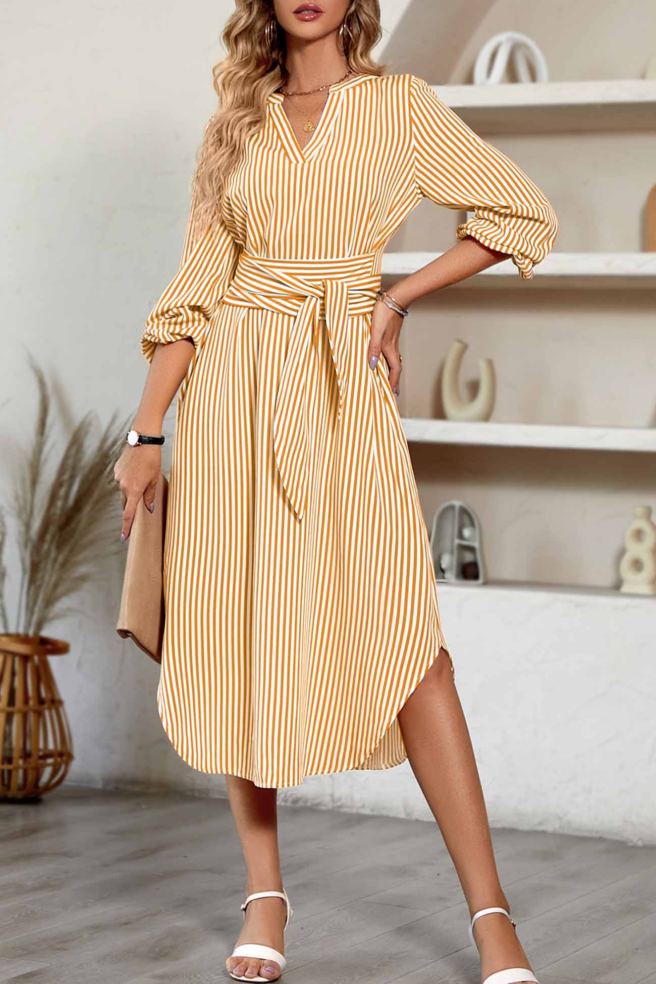 TastyHottie - V Neck Striped Tie Waist Long Sleeve Midi Dress